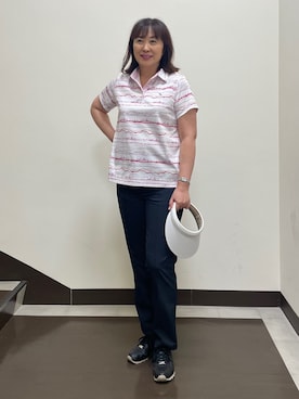 「adabat（アダバット）の吸水速乾/UVカット/エコ　クールコアウエイブボーダーポロシャツ（ポロシャツ、ピンク系）」を使った、SALTさん（レディース・164cm）の夏コーディネート