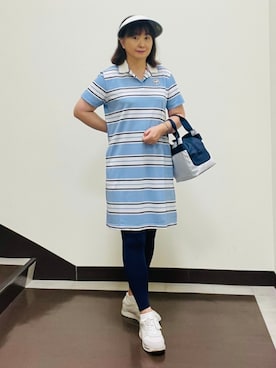 「adabat（アダバット）の【ADABAT NAVY】UVカット ランダムボーダーポロえりワンピース（ワンピース、ブルー系）」を使った、SALTさん（レディース・164cm）の夏コーディネート