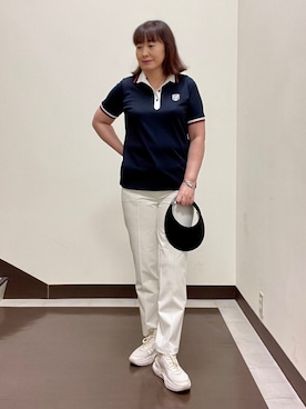 「adabat（アダバット）の【ADABAT NAVY】吸水速乾/ＵＶカット　カノコクレリック半袖ポロシャツ（ポロシャツ、ブラック系）」を使った、SALTさん（レディース・164cm）の夏コーディネート