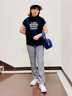 「adabat（アダバット）の【吸水速乾】UVメッセージロゴモックT（Tシャツ/カットソー、ブルー系）」を使った、SALTさん（レディース・164cm）の夏コーディネート