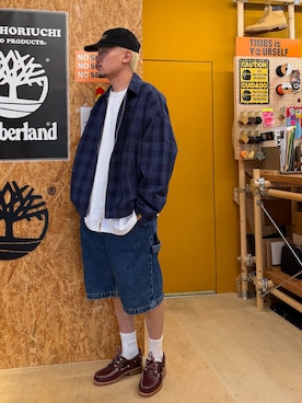 「Timberland（ティンバーランド）の【定番】スリーアイ(3eye) クラシックラグ メンズ（モカシン/デッキシューズ、レッド系）」を使った、shutoさん（メンズ・176cm）の夏コーディネート