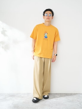 「B.C STOCK（ベーセーストック）のワイドレッグライトスラックス（その他パンツ、ベージュ系）」を使った、JIMINさん（メンズ・177cm）の夏コーディネート