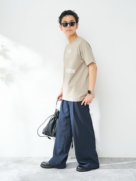 「B.C STOCK（ベーセーストック）のフェイドフロッキープリント Tシャツ（Tシャツ/カットソー、ベージュ系）」を使った、JIMINさん（メンズ・177cm）の夏コーディネート
