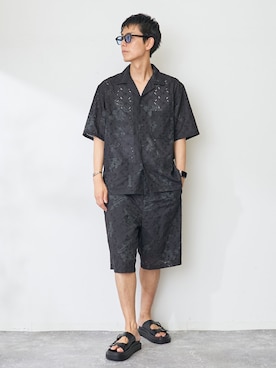 「B.C STOCK（ベーセーストック）のアロハレースショーツ（その他パンツ、ブラック系）」を使った、JIMINさん（メンズ・177cm）の夏コーディネート