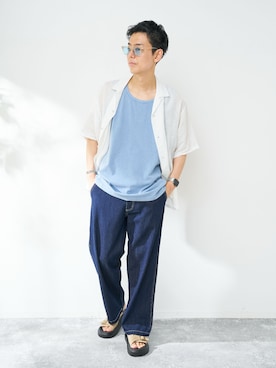 「B.C STOCK（ベーセーストック）の9.5ozC/Lペインターデニム（牛仔褲、ブルー系）」を使った、JIMINさん（メンズ・177cm）の夏コーディネート