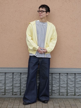 「B.C STOCK（ベーセーストック）のANTS & ELEPHANTS / アンツアンドエレファンツ Wジャージー ジップパーカー（パーカー、イエロー系）」を使った、JIMINさん（メンズ・177cm）の春コーディネート