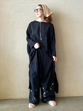「JOURNAL STANDARD LUXE（ジャーナルスタンダード　ラックス）の《追加》エアリネン Plain-DRESS（ワンピース、ブラック系）」を使った、OEさん（レディース・161cm）の夏コーディネート