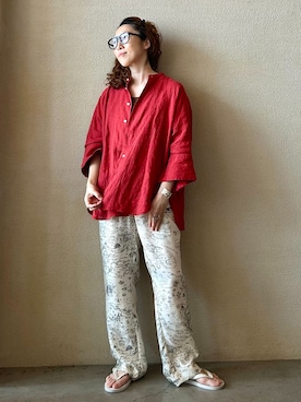 「JOURNAL STANDARD LUXE（ジャーナルスタンダード　ラックス）の60リネンドルマンシャツ（シャツ/ブラウス、レッド系）」を使った、OEさん（レディース・161cm）の夏コーディネート