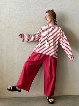 「JOURNAL STANDARD LUXE（ジャーナルスタンダード　ラックス）のボーダー ボートネックプル（Tシャツ/カットソー、レッド系）」を使った、OEさん（レディース・161cm）の冬コーディネート