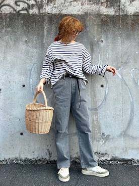 「JOURNAL STANDARD LUXE（ジャーナルスタンダード　ラックス）のボーダー ボートネックプル（Tシャツ/カットソー、ブルー系）」を使った、OEさん（レディース・161cm）の冬コーディネート