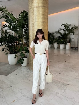 「Her lip to（ハーリップトゥー）のPointelle-Knit Polo Top（その他トップス、ホワイト系）」を使った、Her lip toさん（レディース・165cm）の夏コーディネート