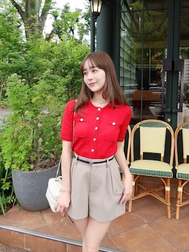 「Her lip to（ハーリップトゥー）のGold Button Knit Cardigan（カーディガン/ボレロ、レッド系）」を使った、Her lip toさん（レディース・165cm）の夏コーディネート