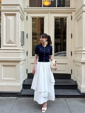 「Her lip to（ハーリップトゥー）のGold Button Knit Cardigan（カーディガン/ボレロ、ブルー系）」を使った、Her lip toさん（レディース・165cm）の夏コーディネート