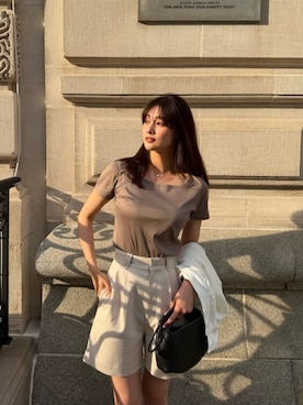 「Her lip to（ハーリップトゥー）のEssentia Basic Tee（Tシャツ/カットソー、ブラウン系）」を使った、Her lip toさん（レディース・165cm）の夏コーディネート