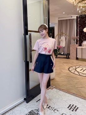 「Her lip to（ハーリップトゥー）のCherry Tee '26（Tシャツ/カットソー、ピンク系）」を使った、Her lip toさん（レディース・160cm）の夏コーディネート