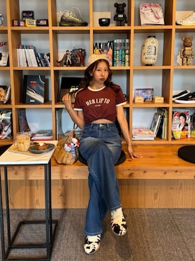 「Her lip to（ハーリップトゥー）のUrban Basic Ringer Tee（Tシャツ/カットソー、レッド系）」を使った、Her lip toさん（レディース・160cm）の夏コーディネート
