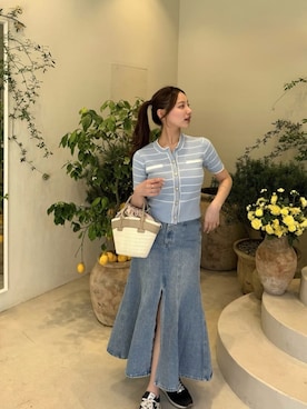 「Her lip to（ハーリップトゥー）のNicola Short Sleeve Knit Cardigan（カーディガン/ボレロ、ブルー系）」を使った、Her lip toさん（レディース・165cm）の春コーディネート