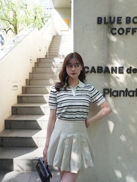 「Her lip to（ハーリップトゥー）のMulti Border Polo Top（ポロシャツ、ホワイト系）」を使った、Her lip toさん（レディース・165cm）の夏コーディネート