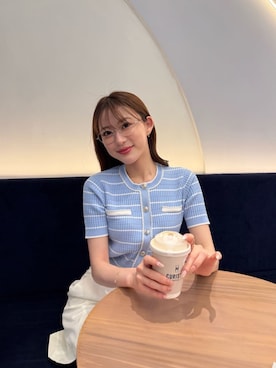 「Her lip to（ハーリップトゥー）のNicola Short Sleeve Knit Cardigan（カーディガン/ボレロ、ブルー系）」を使った、Her lip toさん（レディース・165cm）の春コーディネート