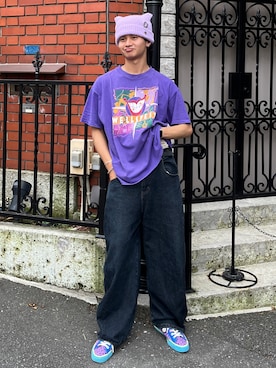 「USEDのアイテム（Tシャツ/カットソー、パープル系）」を使った、しゅーとさん（メンズ・170cm）の秋コーディネート