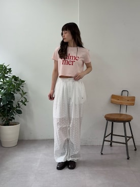「mystic（ミスティック）のカラーロゴチビTシャツ（Tシャツ/カットソー、ピンク系）」を使った、mioさん（レディース・158cm）の春コーディネート
