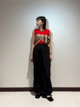 「ITEMS URBANRESEARCH（アイテムズ アーバンリサーチ）の『洗濯可』ワイドノースリーブニット（ニット/セーター、レッド系）」を使った、otowaさん（レディース・153cm）の夏コーディネート