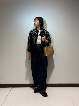 「ITEMS URBANRESEARCH（アイテムズ アーバンリサーチ）のレースクロップドシャツ（シャツ/ブラウス、ブラック系）」を使った、otowaさん（レディース・153cm）の春コーディネート