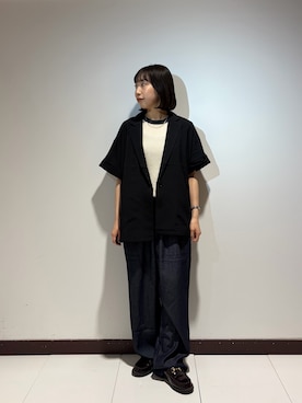 「ITEMS URBANRESEARCH（アイテムズ アーバンリサーチ）の『イージーケア/接触冷感/UVカット』SMOOTH LINEN TOUCH 半袖ジャケット（その他アウター、ブラック系）」を使った、otowaさん（レディース・153cm）の春コーディネート