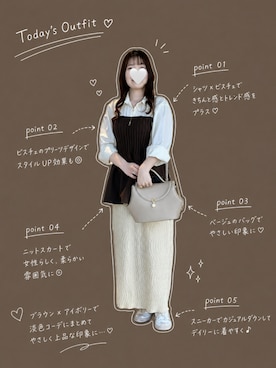 「ROPE' PICNIC（ロペピクニック）のシャツドッキングペプラムニット（衬衫、ブラウン系）」を使った、ynaunaqさん（レディース・155cm）の春コーディネート