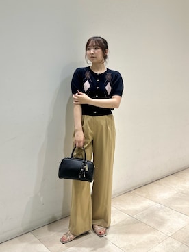 「NATURAL BEAUTY BASIC（ナチュラルビューティーベーシック）のアーガイルハーフスリーブカーディガン（カーディガン/ボレロ、ブルー系）」を使った、MIKUさん（レディース・161cm）の秋コーディネート