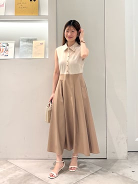 「NATURAL BEAUTY BASIC（ナチュラルビューティーベーシック）のポロカラードッキングワンピース（ワンピース、ベージュ系）」を使った、mek_nbbさん（レディース・152cm）の春コーディネート