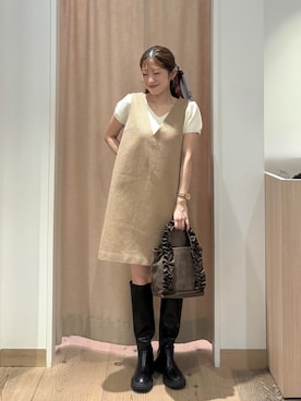 「NATURAL BEAUTY BASIC（ナチュラルビューティーベーシック）のツイード SETUP ジャンスカ（One piece dress、イエロー系）」を使った、mek_nbbさん（レディース・152cm）の秋コーディネート