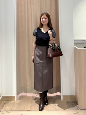 「NATURAL BEAUTY BASIC（ナチュラルビューティーベーシック）のヘリンボーンナロースカート（Skirt、ブラウン系）」を使った、mek_nbbさん（レディース・152cm）の秋コーディネート