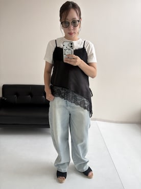「nissen（ニッセン）の綿１００％汗染みしにくいクロップド丈Ｔシャツ＜大きいサイズ有＞（Tシャツ/カットソー、ホワイト系）」を使った、K-teraさん（レディース・157cm）の夏コーディネート