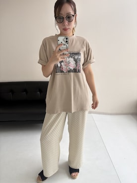 「nissen（ニッセン）の【接触冷感】綿１００％フォトプリントＴシャツ（Tシャツ/カットソー、ベージュ系）」を使った、K-teraさん（レディース・157cm）の夏コーディネート