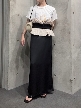 「Pqran（クラン）のホース刺繍カレッジプリントTシャツ（Tシャツ/カットソー、ホワイト系）」を使った、Pqranさん（レディース・158cm）の夏コーディネート