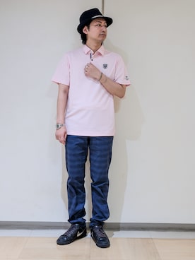 「adabat（アダバット）の【ADABAT NAVY】吸水速乾/UVカット カノコエンブレム半袖ポロシャツ（ポロシャツ、ピンク系）」を使った、hiroさんの夏コーディネート