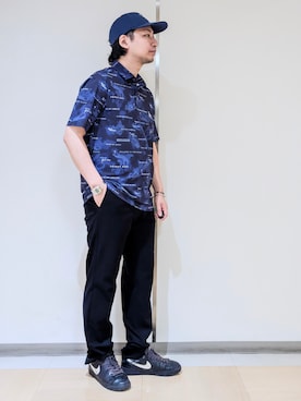 「adabat（アダバット）の【ADABAT NAVY】吸水速乾/UVカット エアロフォトリンクスプリント半袖ポロシャツ（ポロシャツ、ブルー系）」を使った、hiroさんの夏コーディネート