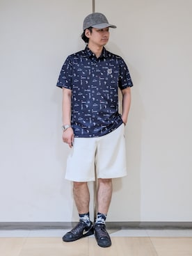 「adabat（アダバット）の【ADABAT NAVY】吸水速乾/UVカット サルーキサマーロゴプリント半袖ポロシャツ（ポロシャツ、ブルー系）」を使った、hiroさんの夏コーディネート