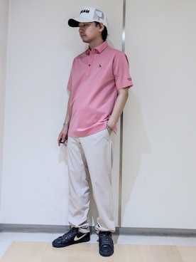 「adabat（アダバット）の【ADABAT NAVY】接触冷感/抗菌防臭/UVカット クールデオドラントジャージ 半袖ポロシャツ（ポロシャツ、ピンク系）」を使った、hiroさんの夏コーディネート