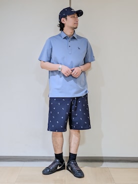 「adabat（アダバット）の【ADABAT NAVY】接触冷感/抗菌防臭/UVカット クールデオドラントジャージ 半袖ポロシャツ（ポロシャツ、ブルー系）」を使った、hiroさんの夏コーディネート