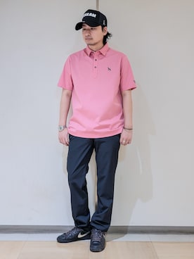 「adabat（アダバット）の【ADABAT NAVY】接触冷感/抗菌防臭/UVカット クールデオドラントジャージ 半袖ポロシャツ（ポロシャツ、ピンク系）」を使った、hiroさんの夏コーディネート