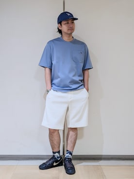 「adabat（アダバット）の接触冷感/抗菌防臭/消臭 アイスクリアコットンポケTシャツ（Tシャツ/カットソー、ブルー系）」を使った、hiroさんの夏コーディネート