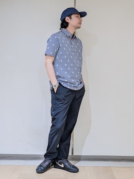 「adabat（アダバット）の【ADABAT NAVY】モノグラムサッカー半袖ポロシャツ（ポロシャツ、ホワイト系）」を使った、hiroさんの夏コーディネート