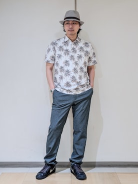 「adabat（アダバット）の吸水速乾/UVカット/エコ　メッシュヤシプリント半袖ポロシャツ（ポロシャツ、ホワイト系）」を使った、hiroさんの夏コーディネート