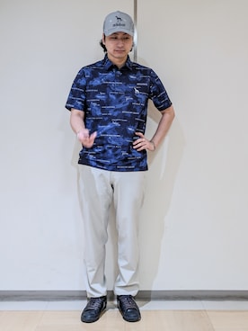 「adabat（アダバット）の【ADABAT NAVY】吸水速乾/UVカット エアロフォトリンクスプリント半袖ポロシャツ（ポロシャツ、ブルー系）」を使った、hiroさんの夏コーディネート