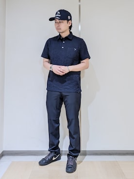 「adabat（アダバット）の【UVカット/ストレッチ】ボタニカルジャカード半袖ポロシャツ（ポロシャツ、ブルー系）」を使った、hiroさんの夏コーディネート