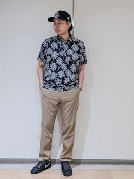 「adabat（アダバット）の吸水速乾/UVカット/エコ　メッシュヤシプリント半袖ポロシャツ（ポロシャツ、ブラック系）」を使った、hiroさんの夏コーディネート