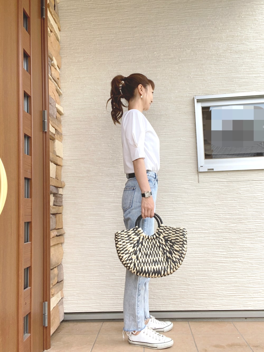 「夏コーデ、大人可愛い、お出かけコーデ、ootd、大人かわいい、40代ファッション、高身長コーデ、オトナ女子、ママファッション」｜「DHOLICのアイテム（かごバッグ、ブラック系）」を使った、rishiaommaさん（レディース・168cm）の夏コーディネートの1枚目の写真