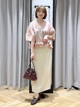 「A part by（アパートバイ）のキンチャクミニショルダバッグ（ショルダーバッグ、レッド系）」を使った、chikaさん（レディース・154cm）の夏コーディネート